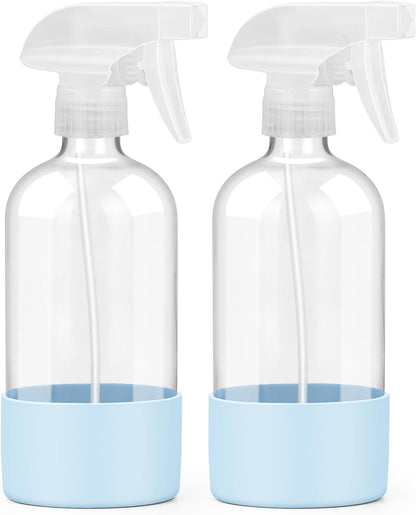 2 Pack Glass Spray Bottles with Silicone Sleeve, 16 oz Empty Refillable Containers with Adjustable Spray Nozzles, Spray Bottles for Hair, Cleaning Solutions and Plants Blue