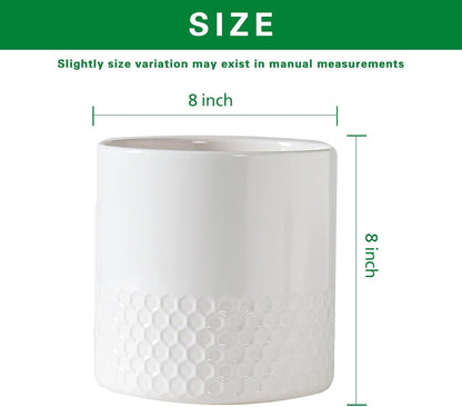 Docrin Ceramic Planters Indoor, 8 Inch Plant Pots with Drainage Holes for Home/Office - White Honeycomb