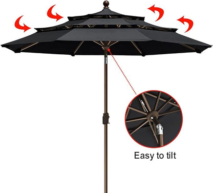 EliteShade USA 10-Year-Non-Fading 9Ft 3 Tiers Market Umbrella Patio Umbrella Outdoor Table Umbrella with Ventilation, Black