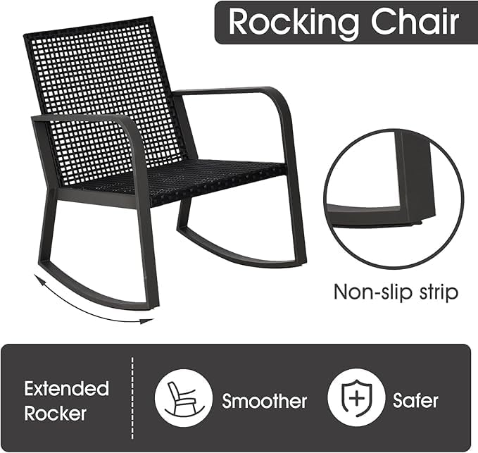 Bistro 3 Piece Patio Furniture Set, Patio Table and Rattan Outdoor Rocking Chairs Set of 2, Outdoor Bistro Conversation Set for Garden, Balcony, Poolside, Backyard, Red