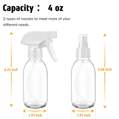 Tecohouse Glass Spray Bottles 4 OZ, Empty Small Spray Bottles 2 Pack for Essential Oils, Cleaning Solutions, Plants, Hair Mister, withDurable Nozzle, Labels, Funnel, Pipettes Clear