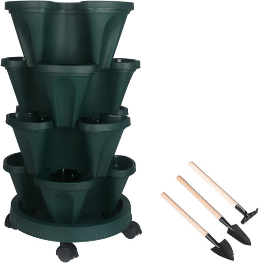 DUNCHATY Stackable Planter, Vertical Garden Planter with Wheels and Tools, Self Watering Strawberry Planter Indoor/Outdoor 4 Tier Herb Planter Pots for Growing Vegetables and Succulents,Pine Green