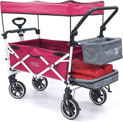 Creative Outdoor Wagon for Kids Push Pull Collapsible Stroller with Canopy Folding Cart | Titanium Series Plus | Beach, Park, Garden (Solid Pink)