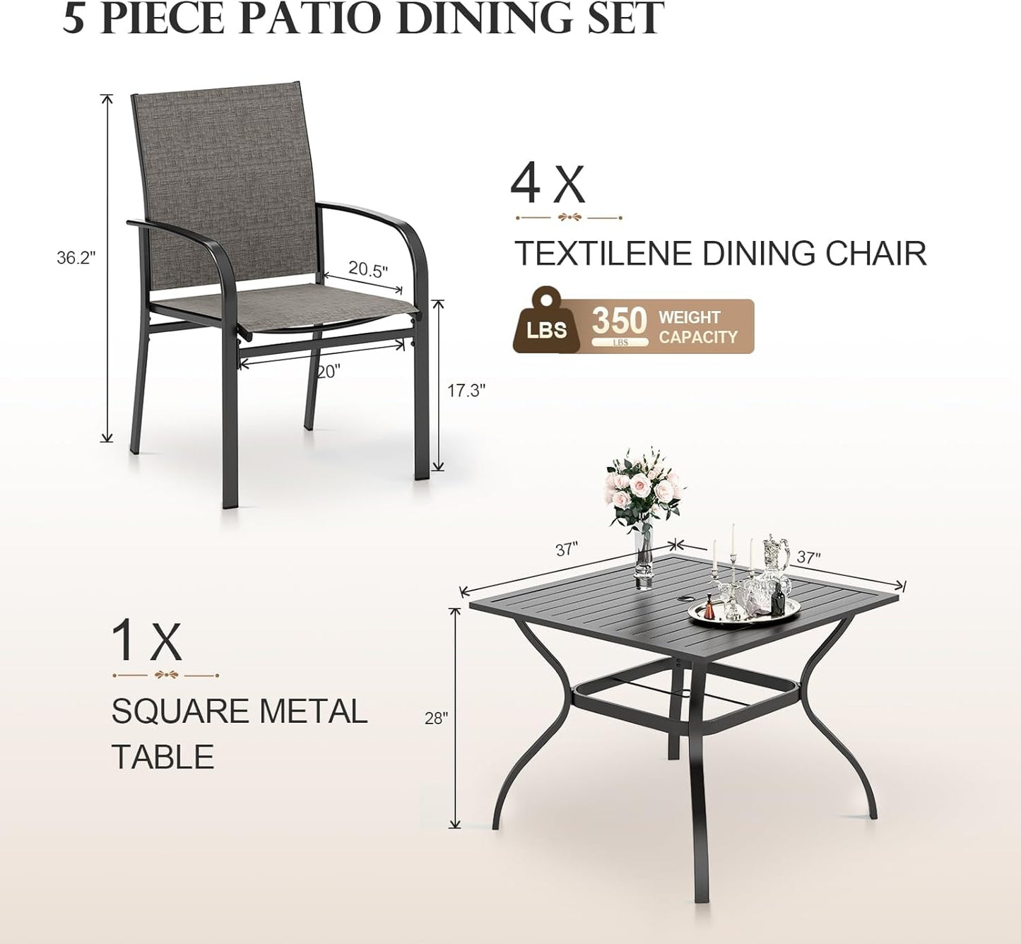 HERA'S HOUSE Patio Table and Chairs Set, 5 Pieces Outdoor Dining Set for 4, 4 x Brown Textilene Dining Chair, 37" Square Metal Dining Table with Umbrella Hole for Lawn Garden Backyard Deck