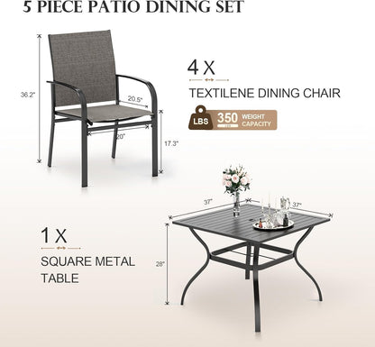 HERA'S HOUSE Patio Table and Chairs Set, 5 Pieces Outdoor Dining Set for 4, 4 x Brown Textilene Dining Chair, 37" Square Metal Dining Table with Umbrella Hole for Lawn Garden Backyard Deck