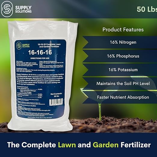 Supply Solutions 16-16-16 Complete Lawn & Garden All Purpose Granular Fertilizer - The Ultimate Plant Food for Lush Greenery & Vibrant Blooms - for All Plants, Vegetables, Fruits, and Berries - 50lbs