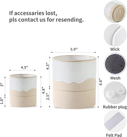 Nihow Self Watering Plant Pot for Indoor Plants: 4.5+6 Inch Ceramic Planter with Drainage Hole & Water Storage Plus - Cylinder Flower Pot with Wick for Herbs -White & Nature