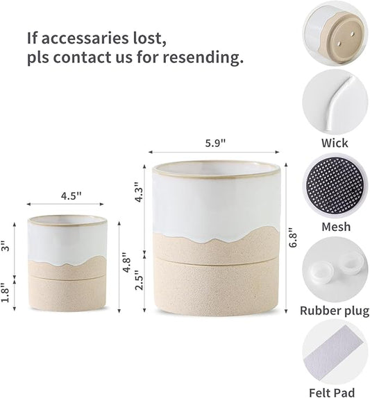 Nihow Self Watering Plant Pot for Indoor Plants: 4.5+6 Inch Ceramic Planter with Drainage Hole & Water Storage Plus - Cylinder Flower Pot with Wick for Herbs -White & Nature