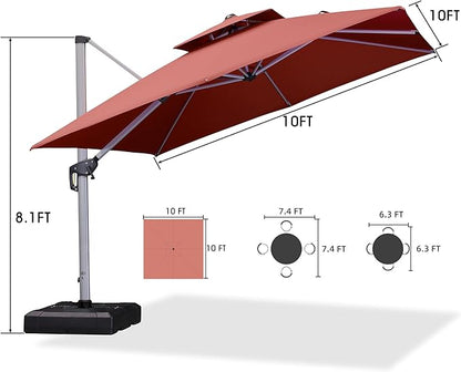 PURPLE LEAF 10 FT Cantilever Patio Umbrellas with Base Included, Large Square Offset Umbrella with 360° Rotation, Outdoor Aluminum Pool Umbrella for Pool Lawn Garden, Brick Red