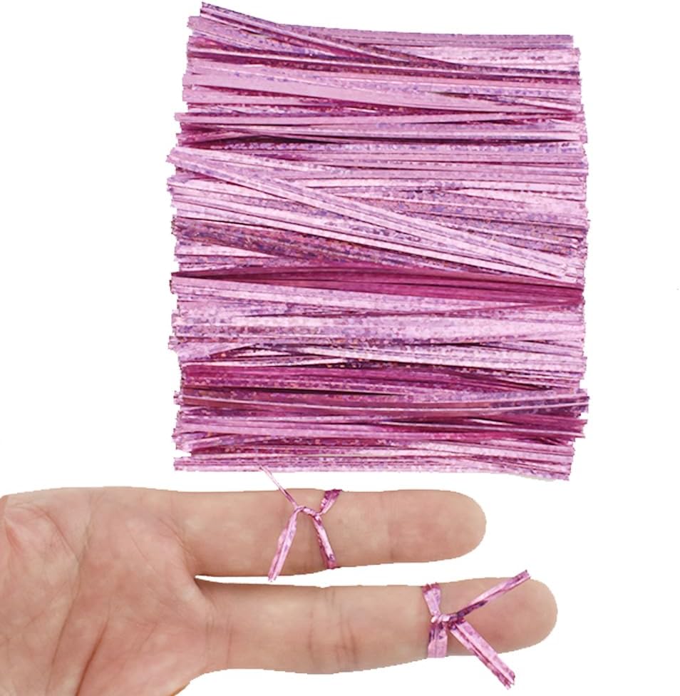 HAHIYO 300Pcs 4inches Holographic Pink Metal Twist Ties Bread Candy Coffee Bag Ties Plant Garden Twist Ties for Cellophane Treat Bags Gift Wraping Bags Plastic Bags Party Cake Present Art Crafts