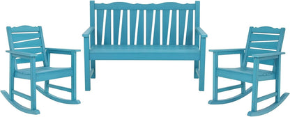 Outdoor Rocking Chairs Set, Weatherproof HIPS Outdoor Furniture, Include 2 Patio Rocking Chairs + Outdoor Bench, Suit for Garden, Porch, Lawn & Backyard(Lake Blue)