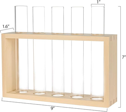 Wooden Propagation Station with 5 Glass Test Tubes, Tabletop Glass Terrarium Holder for Plant Cuttings Hydroponics, Home Office Desk Decor Gift for Women Mom Plant Lovers, Beige