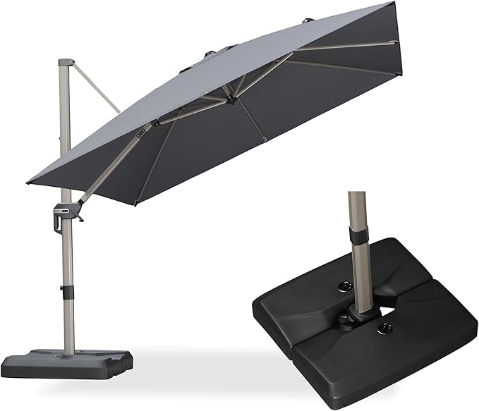 PURPLE LEAF 10FT Patio Umbrella with Base Cantilever Umbrella Square Outdoor Offset Umbrella with Champagne Frame and 360° Rotation for Garden Deck Pool, Light Grey