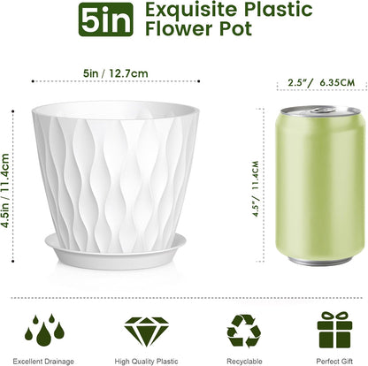 5 inch Plant Pots for Indoor Outdoor Plants, 6 Pack Thick Nursery Pots with Drainage Holes and Saucers, 3D Modern Wave Texture Small Plastic Planter Flower Pots for Succulent, Herb, White