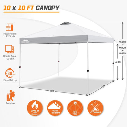 EAGLE PEAK Pop Up Canopy Tent with Wheeled Carry Bag, 8 Stakes, 4 Ropes, 4 Weight Bags, Easy Set Up Tent Canopy, 10x10 ft, 100sqft of Shade, White