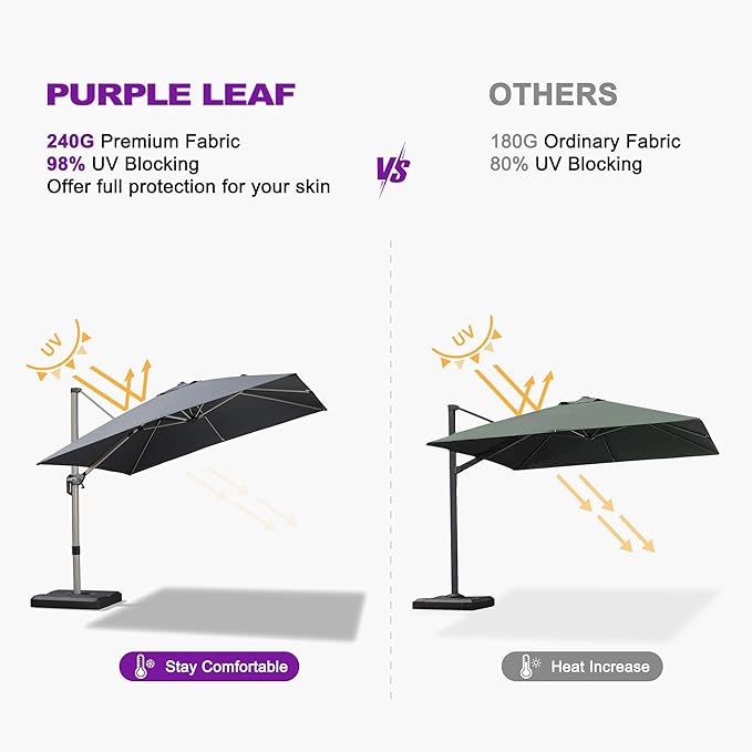 PURPLE LEAF 10' X 10' Patio Umbrella Outdoor Cantilever Umbrella, Aluminum Offset Umbrella with Champagne Frame and 360° Rotation for Pool Deck Garden, Grey