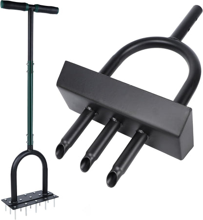 YOFIT 3-in-1 Lawn Aerator Tool with Spikes, Manual Core Yard Aerator, Grass Plug Air Aerators with Soil Tray, Metal Aeration Tools with Changeable Head for Lawn Care, Garden Maintenance (38.2 Inch)