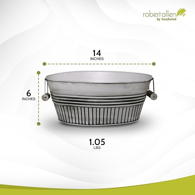 Headwind Vintage Collection 14-Inch Rustic White Oval Galvanized Tub with Handles – Metal Wash Basin Planter - Galvanized Metal Tub for Indoor & Outdoor Use by Robert Allen