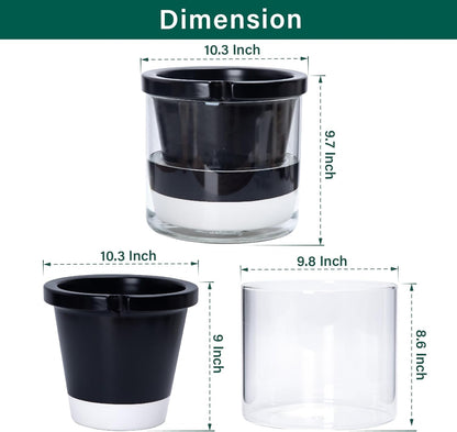 D'vine Dev 10 Inch Design Self Watering Planter for Indoor Plants, Black Terracotta Pot with Cylinder Glass Cup, 37-X-D-3