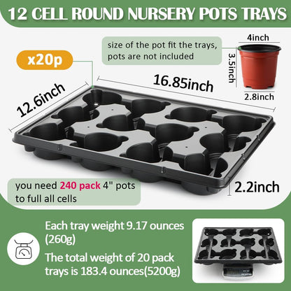 12 Cell Round Nursery Pot Trays Thickened Durable Seedling Pots Shuttle Carrying Trays for Holding 4 Inch Nursery Pots (16.85" × 12.6", 20-Pack)
