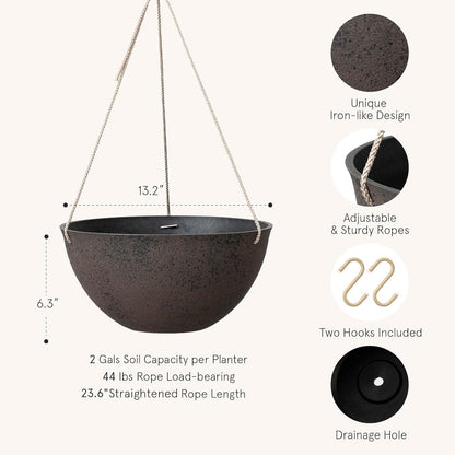 LA JOLIE MUSE Large Hanging Planters - 13 Inch Flower Pots Outdoor Indoor, Hanging Garden Planters Set of 2, New Iron Color