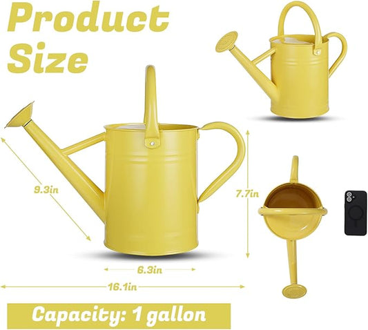 1 Gallon Watering Can for Plants, Watering Cans for Indoor&Outdoor Gardening, Galvanized Steel Watering Pot with Removable Spout, Metal Water Can with Ergonomic Movable Handle(Cute Yellow)
