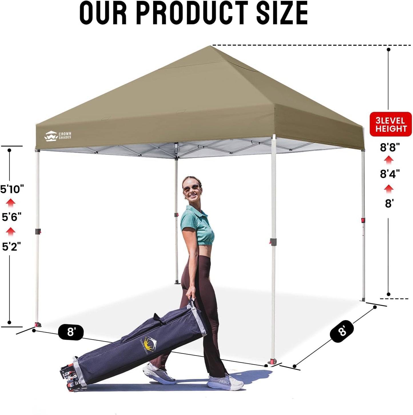 CROWN SHADES 8x8 Pop Up Canopy - Beach Tent with One Push Setup - Easy Outdoor Sun Shade for Events, Parties, Camping - Gazebo with STO-N-Go Cover Bag, Silver Coated Top, Beige