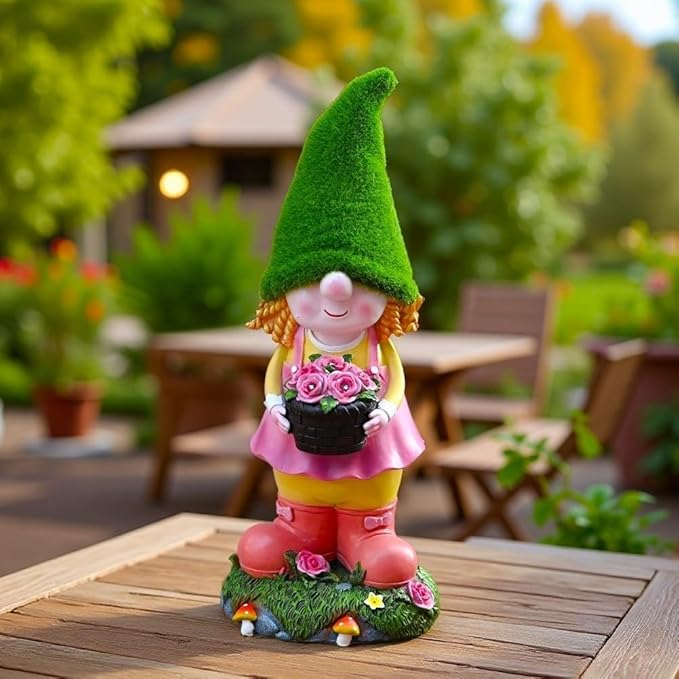 Garden Solar Resin Gnome Girl Statue with Solar Powered Night Light for Porch, Patio and Indoor Decoration