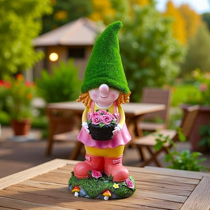 Garden Solar Resin Gnome Girl Statue with Solar Powered Night Light for Porch, Patio and Indoor Decoration