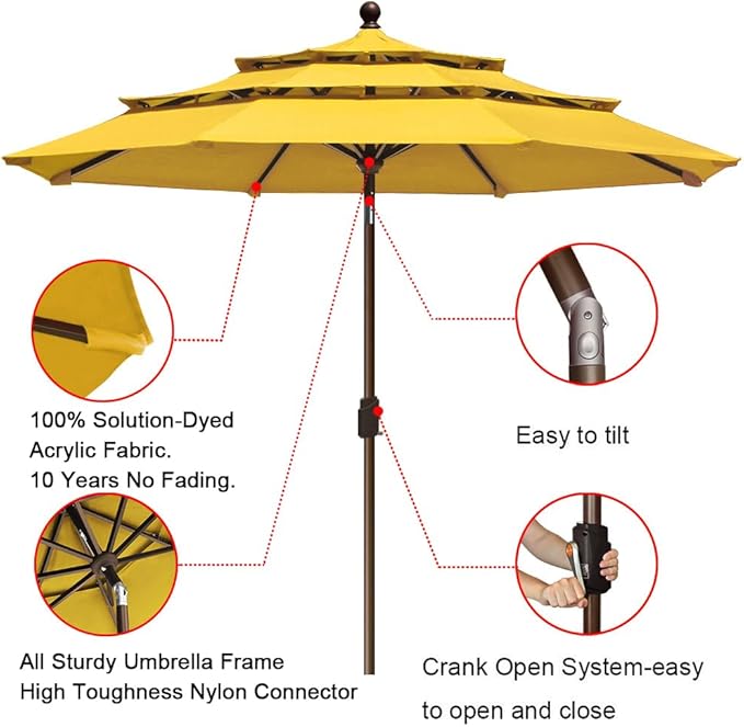 EliteShade USA 10-Year-Non-Fading 9Ft 3 Tiers Market Umbrella Patio Umbrella Outdoor Table Umbrella with Ventilation, Sunflower Yellow