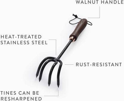 Barebones Cultivator - Weed Remover Tool - Garden Rake and Weeding Tool for Yard Work - Stainless Steel Cultivator for Raking Soil (Walnut/Black)