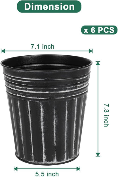 vensovo 7 Inch Black Metal Rustic Flower Pots - 6Pcs Medium Galvanized Planters with Drainage Hole and Rubber Plug, Rustproof Metal Bucket Plant Pots Farmhouse Vintage Style for Decor