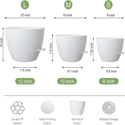 Large Self Watering Pots, 12/10/9 Plastic Planters with High Drainage Holes and Deep Reservoir for Indoor Outdoor Garden Plants and Flowers, White