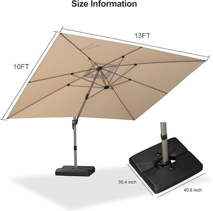 PURPLE LEAF Patio Umbrella with Base Included, 10‘×13’ Outdoor Aluminum Cantilever Umbrella with 360° Rotation, Aluminum Large Offset Umbrella for Outdoor Garden Pool, Beige