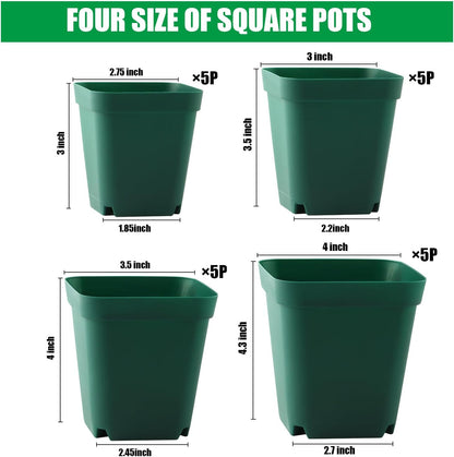 Square Nursery Pots Clearance (2.7", 3", 3.5", 4") with Drainage Holes 20 Pcs, Plastic Seed Starting Pots, Sturdy and Durable Seedling Pots for Planting, Cuttings and Transplanting, Green