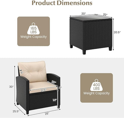 RELAX4LIFE 3-Piece Patio Furniture - Wicker Rattan Bistro Sofa Set w/Glass Top Coffee Table, Washable Cushions for Porch Balcony Backyard Poolside, Outdoor Conversation Set (Beige)