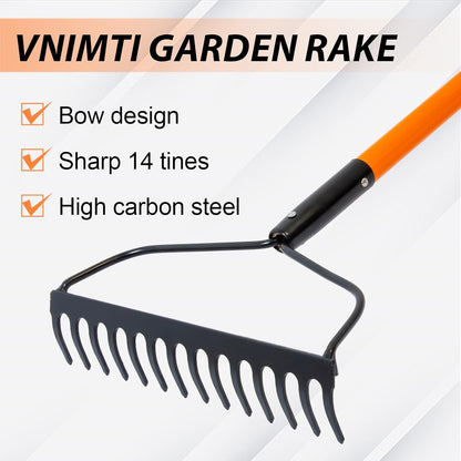 Garden Rake for Gardening, Heavy Duty Garden Rake for Lawns, 14 Tines Bow Rake with Fiberglass Handle, 58 Inches