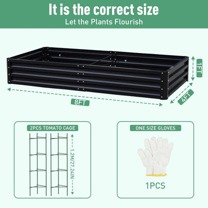 Metal Raised Garden Bed 8x4x1Ft Outdoor Large Metal Galvanized Planter Boxes Kit for Vegetables, Flowers, and Herbs,Garden Beds with 2Pcs Tomato Cage 1Pc Gloves,Black