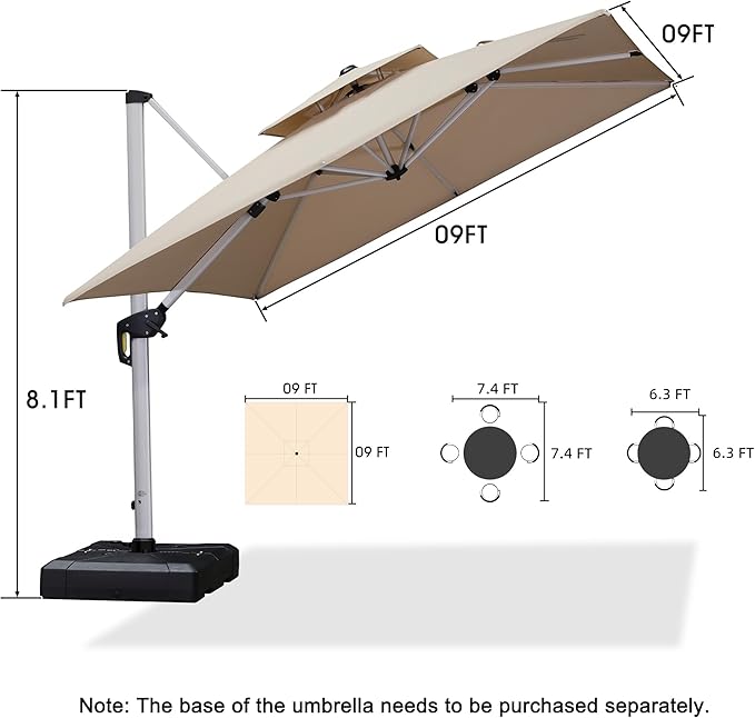 PURPLE LEAF 9ft Patio Umbrella Outdoor Square Umbrella Large Cantilever Umbrella Windproof Offset Heavy Duty Sun for Garden Deck Pool Patio, Beige