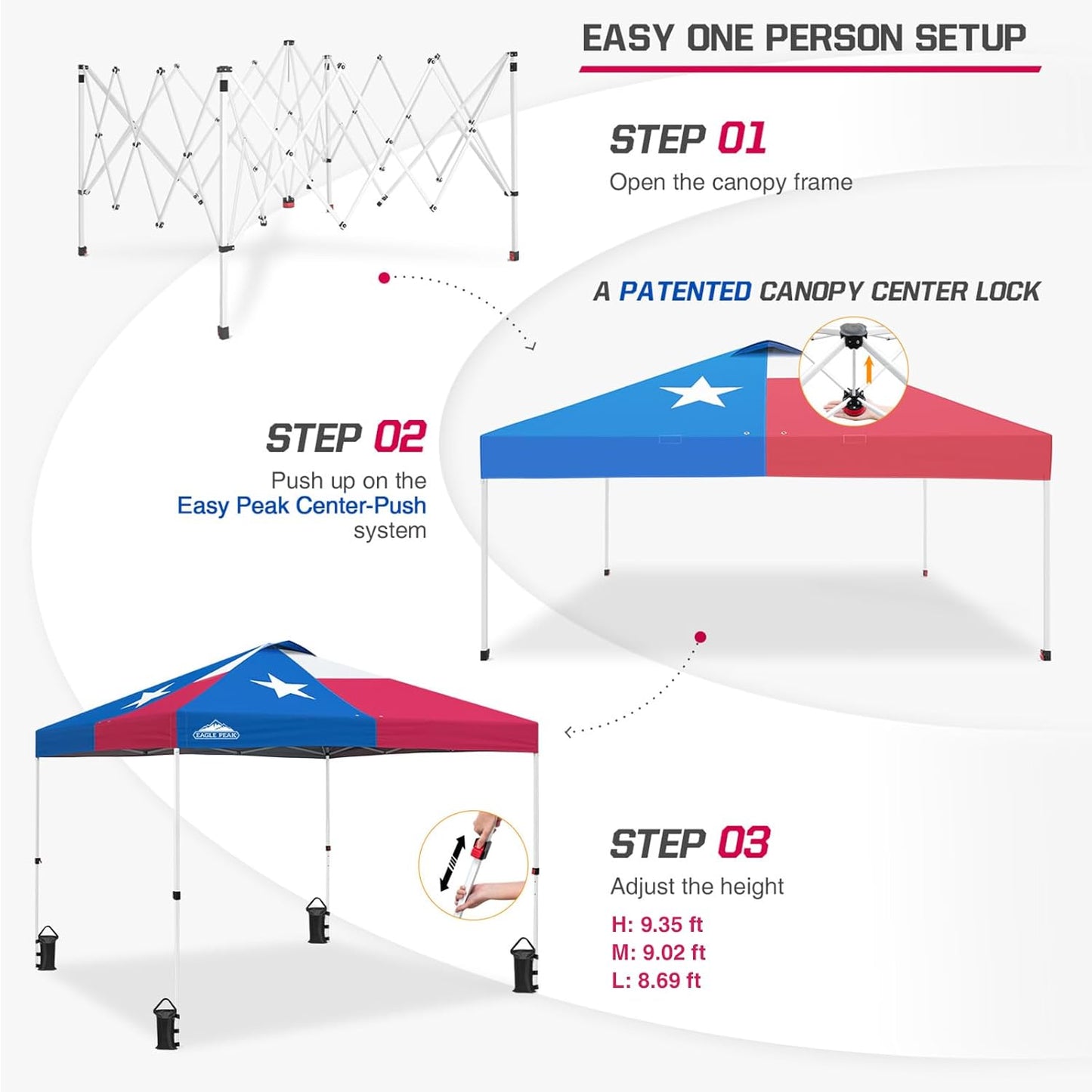 EAGLE PEAK Pop Up Canopy Tent with Wheeled Carry Bag, 8 Stakes, 4 Ropes, 4 Weight Bags, Easy Set Up Tent Canopy, 10x10 ft, 100sqft of Shade, Texas