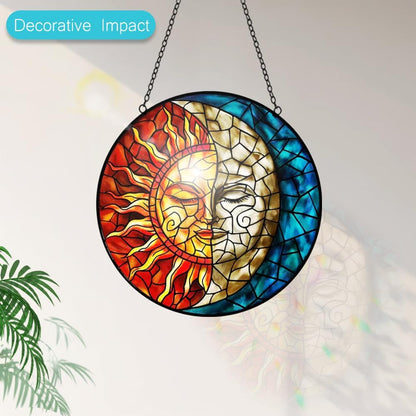 Halloween Decor Sun and Moon Suncatcher Stained Glass Window Hanging Handmade Colorful Suncatchers for Windows Hanging Celestial Sun Catchers Indoor Wall Decor Christmas Decorations for Home Garden