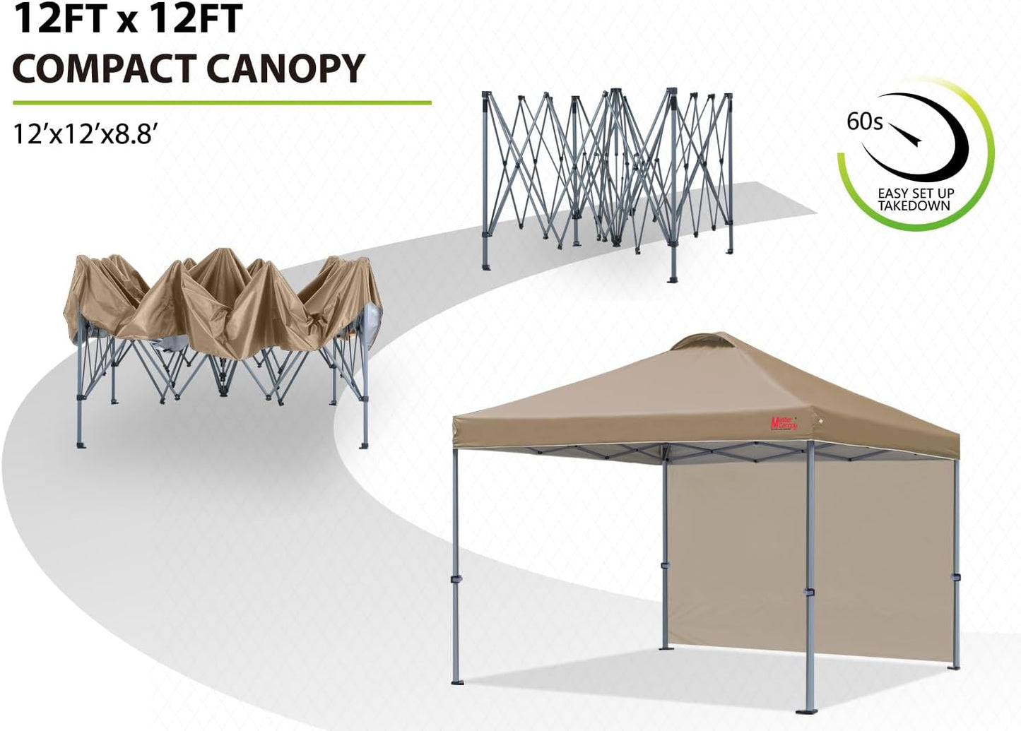 MASTERCANOPY Pop up Canopy Tent with 1 Sidewall (12x12 ft, Khaki)