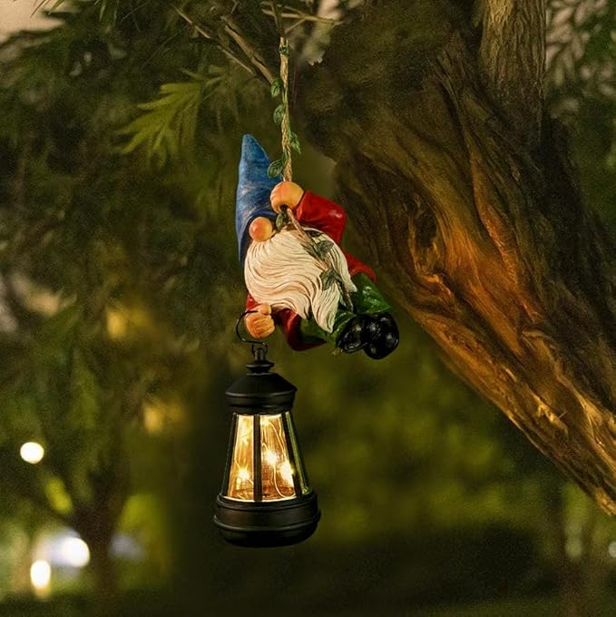 Solar Hanging Gnome Garden Statue Climbing Rope Gnome with LED Lantern Outdoor Decor Tree Hugger Yard Porch Wall Decoration Christmas Thanksgiving Birthday Gardening Gift for Mom Women