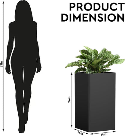 24" Tall Planter for Outdoor Plants, Modern Large Outdoor Galvanized Steel Flower Pots, Front Porch Decor, Garden Pots, Black Planters for Indoor/Outdoor, Patio, Balcony
