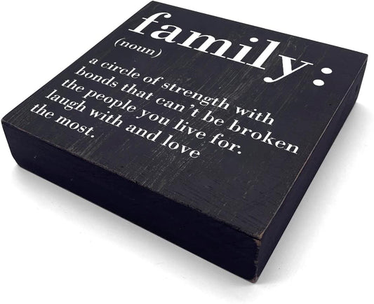 Family Noun Family Quotes Desk Decor Wooden Box Sign Inspirational Rustic Black Wood Block Plaque Box Sign for Home Farmhouse House Kitchen Bathroom Living Room Shelf Table Decoration
