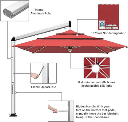 EliteShade USA Atlas 3-Tier 10x10FT Full Aluminum Cantilever Patio Umbrella for Outdoor restaurant Garden Courtyard Deck Pool and Marketing with Light(No battery),Red