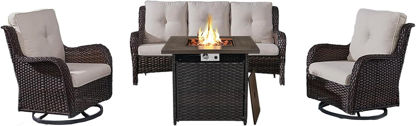 Outdoor Patio Furniture Set with 50000BTU Propane Fire Pit Table, 4 Pieces Wicker Patio Conversation Set with 2 Swivel Rocker Glider Chairs Rattan Sofa Beige Cushion Perfect for Gathering