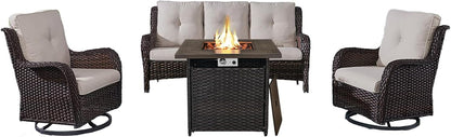 Outdoor Patio Furniture Set with 50000BTU Propane Fire Pit Table, 4 Pieces Wicker Patio Conversation Set with 2 Swivel Rocker Glider Chairs Rattan Sofa Beige Cushion Perfect for Gathering