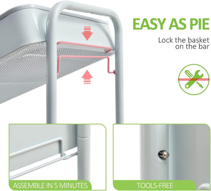 TOOLF 3-Tier Rolling Cart with Table Top, Metal Storage Cart on Wheels, Utility Organizer with Wooden Tray, Lockable Casters, Easy Assembly for Bathroom, Bedroom, Baby Room, Kitchen, Green