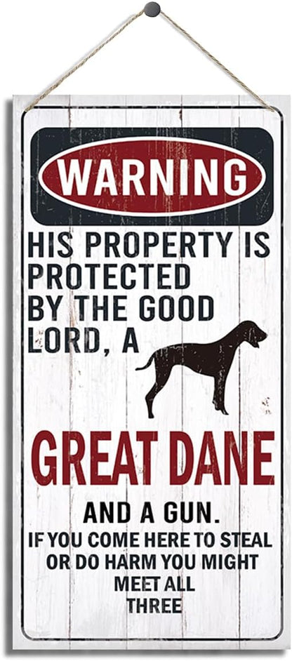 Warning Sign, This Property Is Protected By The Goodlord, A Great Dane And A Gun Warning Wood Plaque Sign, Funny Door Signs, Decorative Wood Hanging Suspension Plaque, Farmhouse Wooden Wall Decor